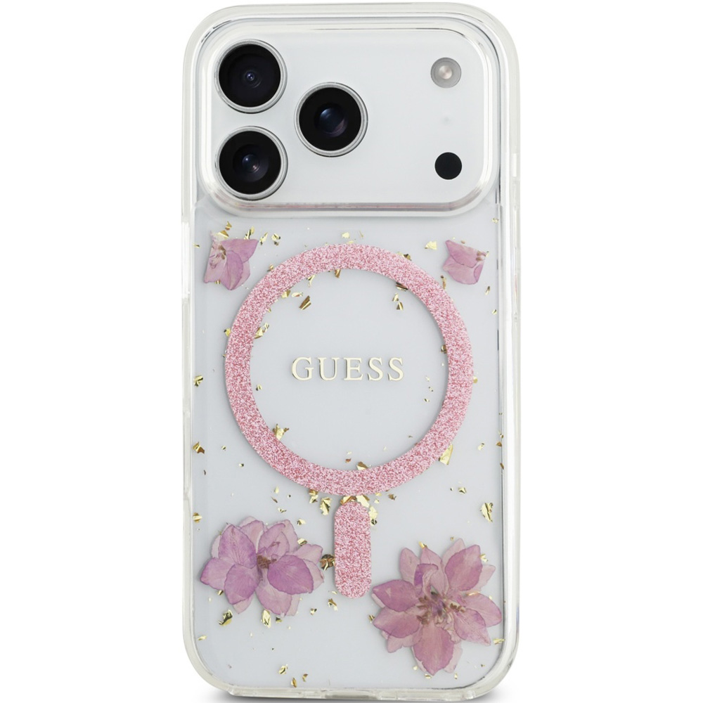 Etui Guess Resin Flowers Glitter MagSafe do iPhone 17 Pro, różowe z kwiecistym wzorem